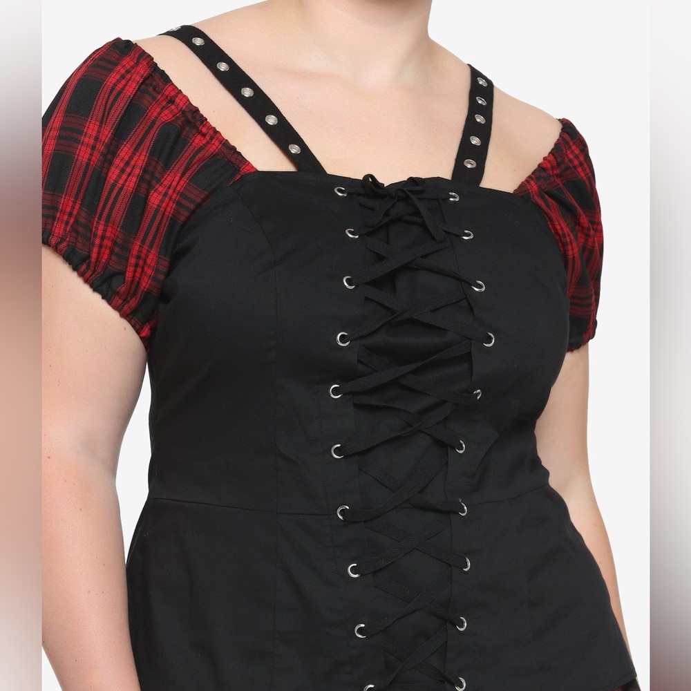 NWT Hot Topic Plaid Woven Lace Up Top Large